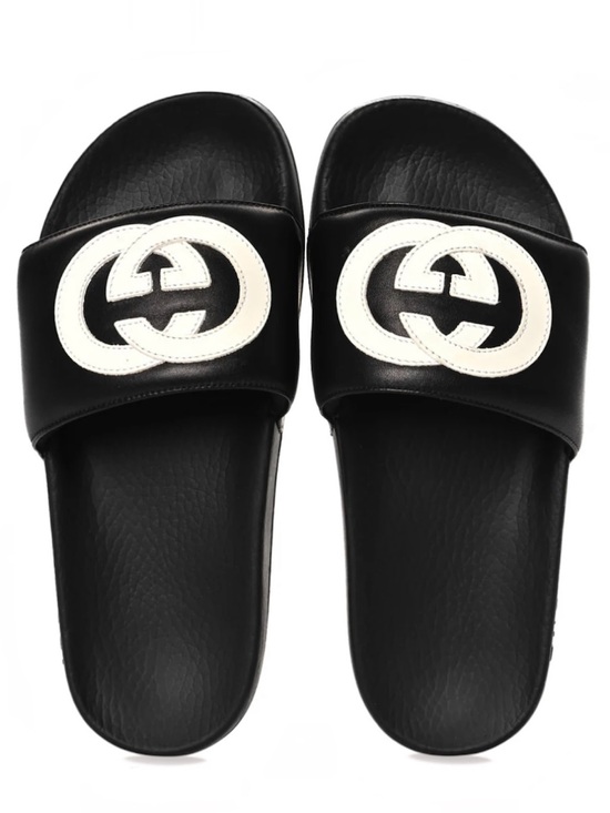 Gucci Shoes - GUCCI Nappa Miro Soft Calfskin Women Interlocking G Slide Sandals 37 Black White